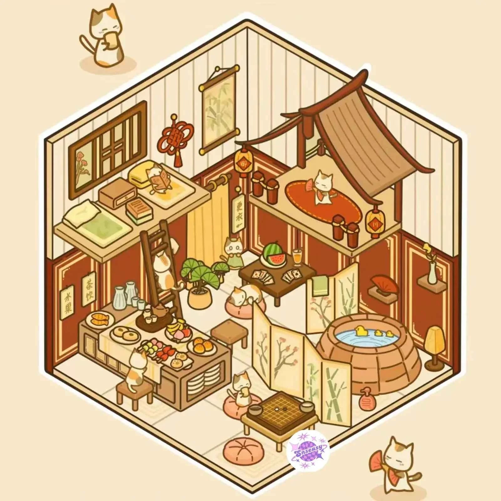 Cute Cat Shop Adventures 3D Isometric Room Stickers - 6 Theme Sets: Cat Burger Shop | Cat Ferris Wheel Sushi | Cat Hot Spring | Cat Pizza Shop | Cat Convenience Store | Cat Snack Restaurant