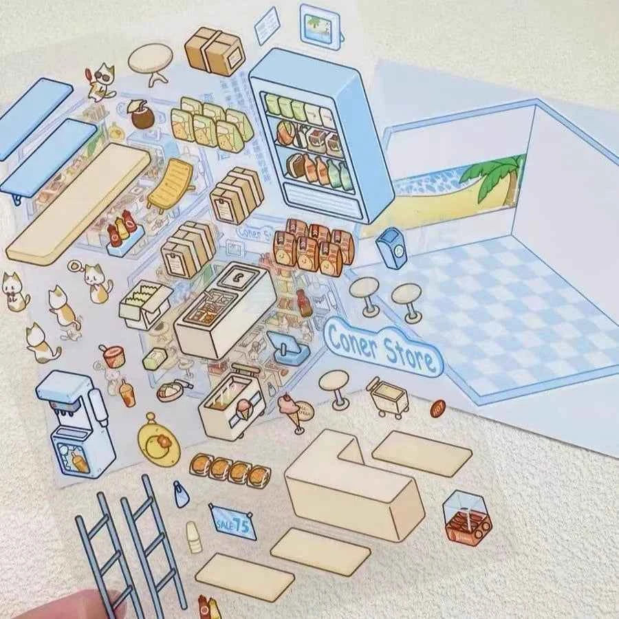 Cute Cat Shop Adventures 3D Isometric Room Stickers - 6 Theme Sets: Cat Burger Shop | Cat Ferris Wheel Sushi | Cat Hot Spring | Cat Pizza Shop | Cat Convenience Store | Cat Snack Restaurant