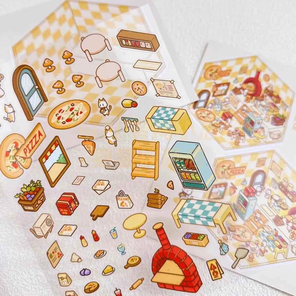Cute Cat Shop Adventures 3D Isometric Room Stickers - 6 Theme Sets: Cat Burger Shop | Cat Ferris Wheel Sushi | Cat Hot Spring | Cat Pizza Shop | Cat Convenience Store | Cat Snack Restaurant