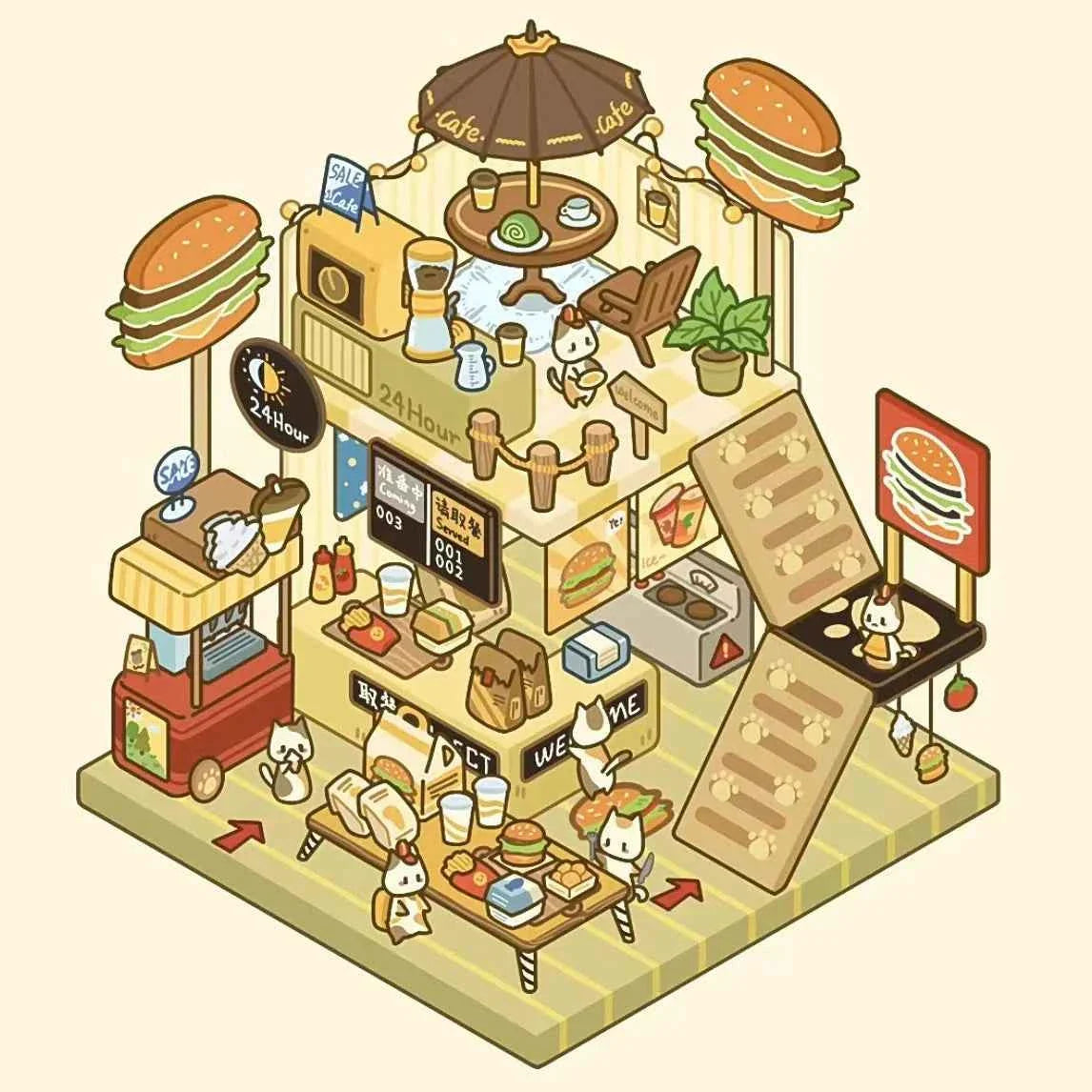 Cute Cat Shop Adventures 3D Isometric Room Stickers - 6 Theme Sets: Cat Burger Shop | Cat Ferris Wheel Sushi | Cat Hot Spring | Cat Pizza Shop | Cat Convenience Store | Cat Snack Restaurant