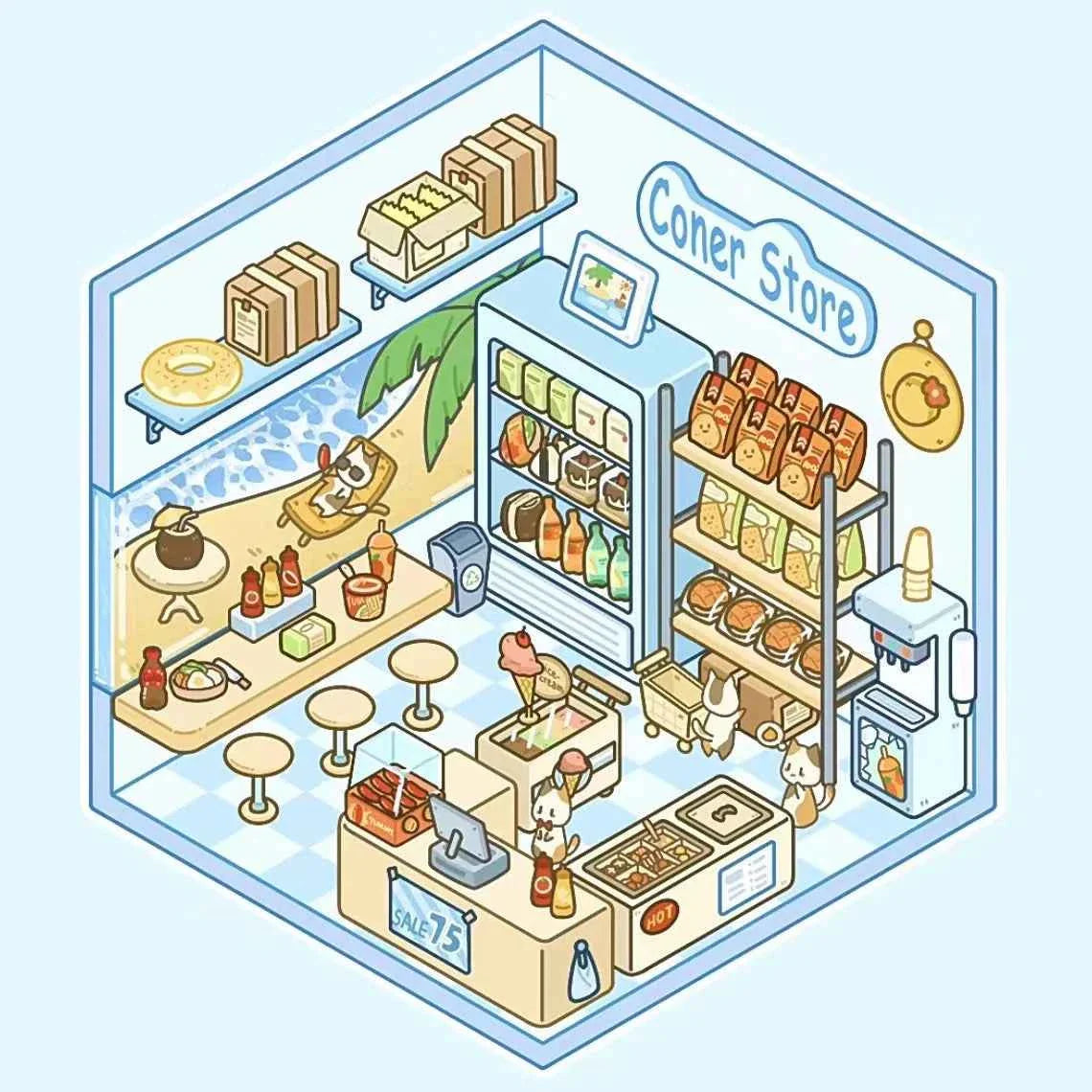 Cute Cat Shop Adventures 3D Isometric Room Stickers - 6 Theme Sets: Cat Burger Shop | Cat Ferris Wheel Sushi | Cat Hot Spring | Cat Pizza Shop | Cat Convenience Store | Cat Snack Restaurant