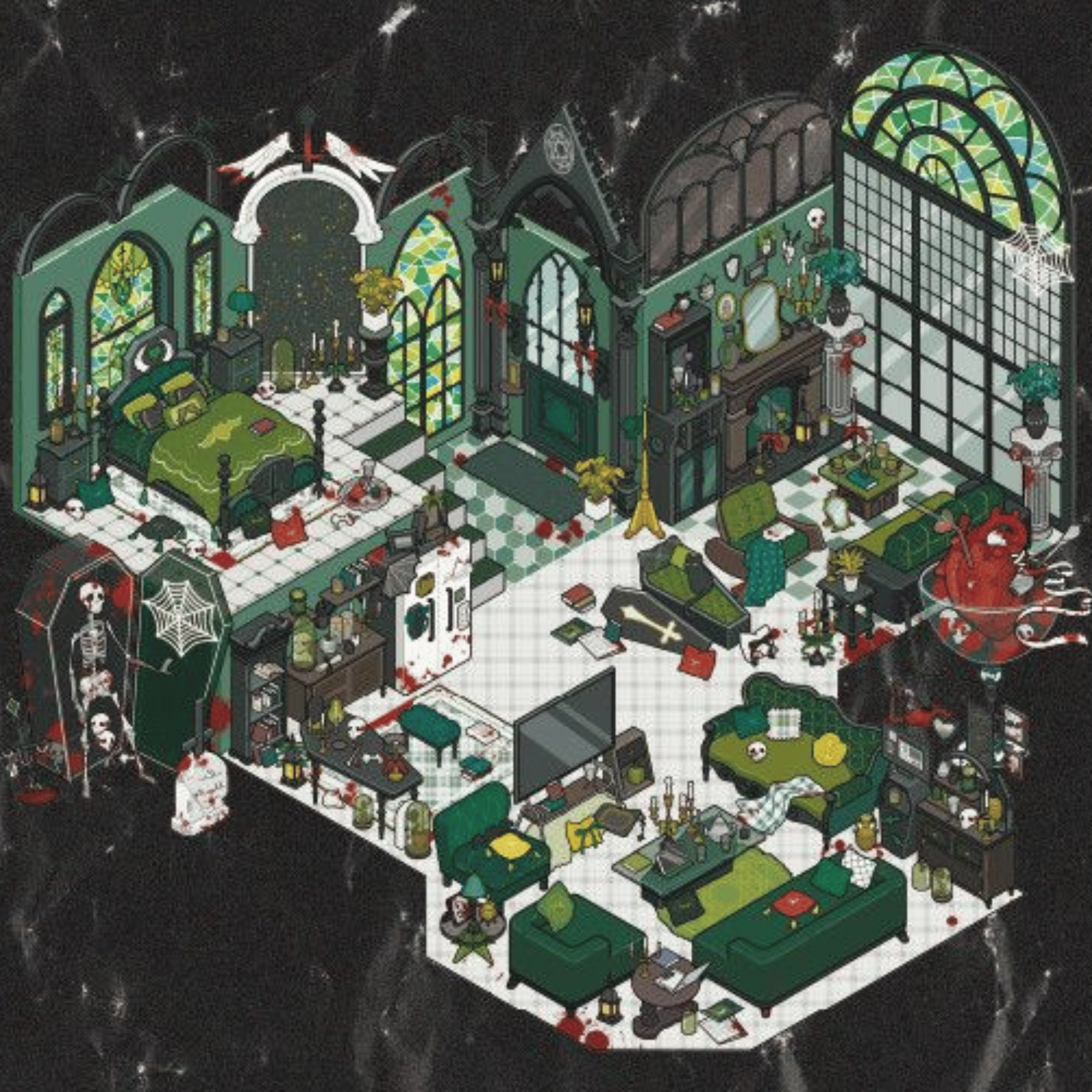 Dark Adventure Series 3D Scene Sticker 4 Theme Sets: Ghost Castle | Skeleton Cathedral | Bounty Tavern | Blood Dungeon
