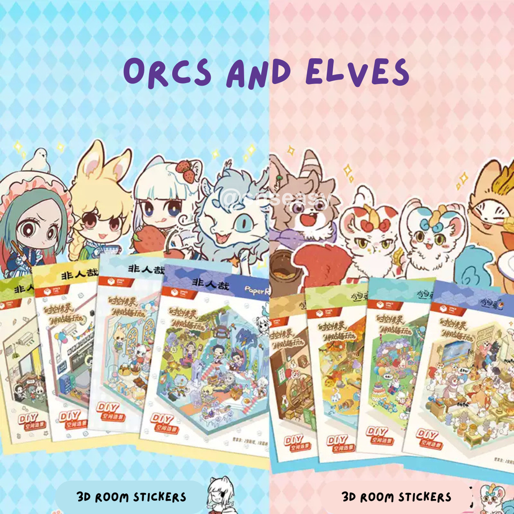Orcs and Elves 3D Isometric Room Stickers - 8 Theme Sets: Dragon’s Castle | Elf's Daily Work | School Opening Ceremony | Happy Birthday | Birthday Party | Deer Man's Shop | Autumn BBQ | Mooncake Factory