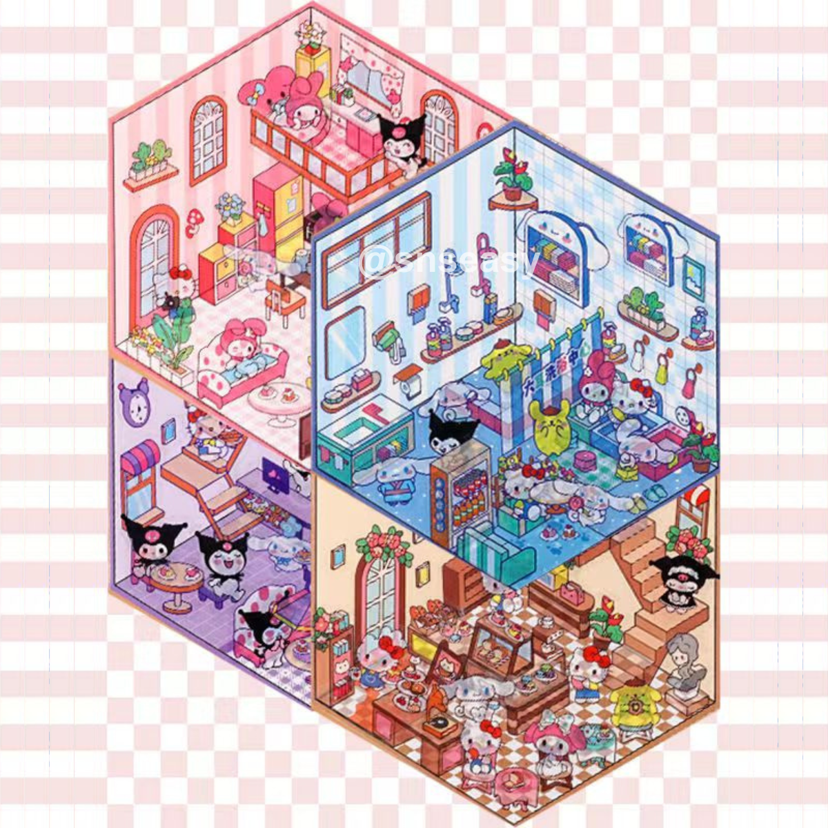 Hello Kitty 3D Isometric Room Stickers - 4 Theme Sets: Hello Kitty Coffee Shop | Hello Kitty Cake Shop | Hello Kitty Bathhouse | Hello Kitty Warm Home