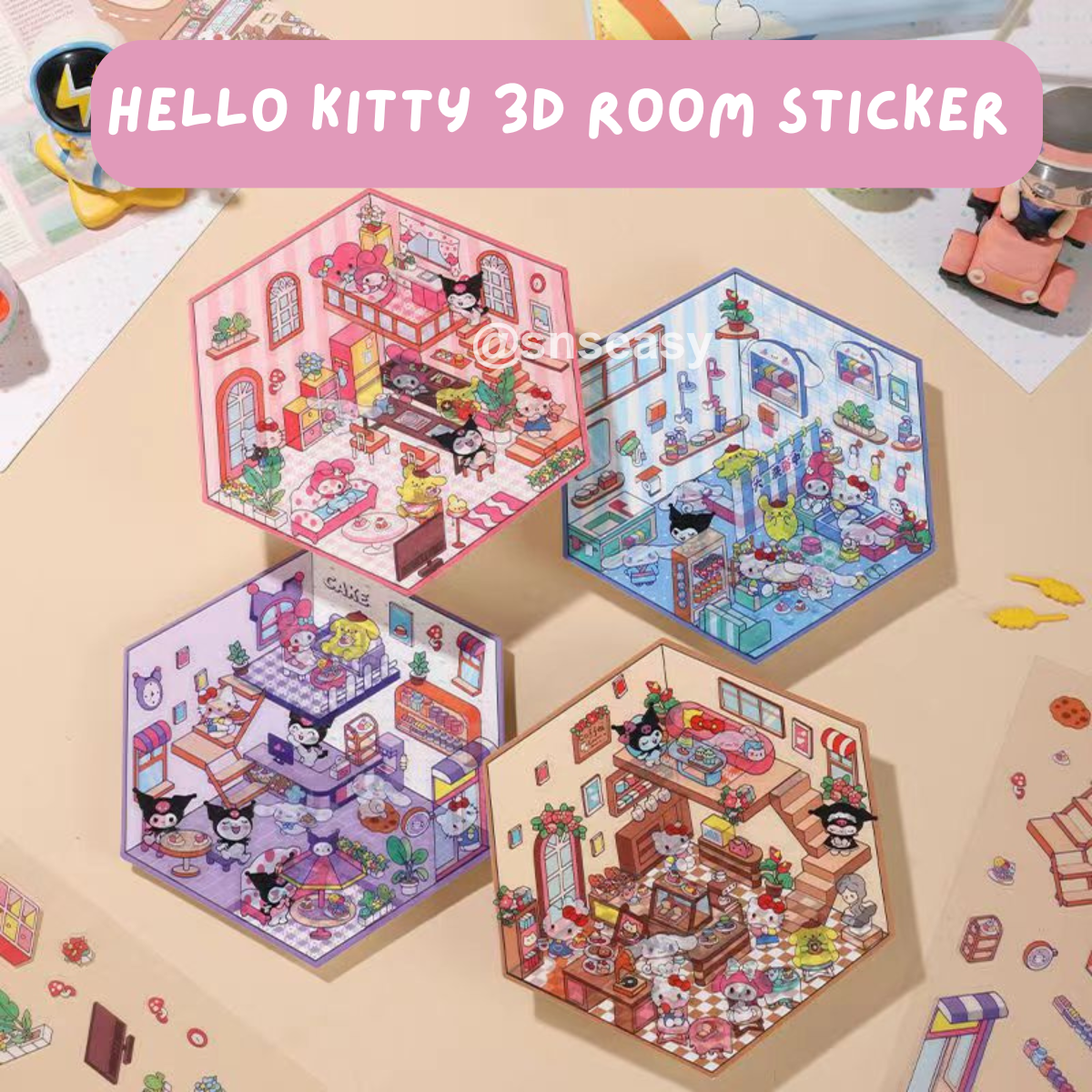 Hello Kitty 3D Isometric Room Stickers - 4 Theme Sets: Hello Kitty Coffee Shop | Hello Kitty Cake Shop | Hello Kitty Bathhouse | Hello Kitty Warm Home