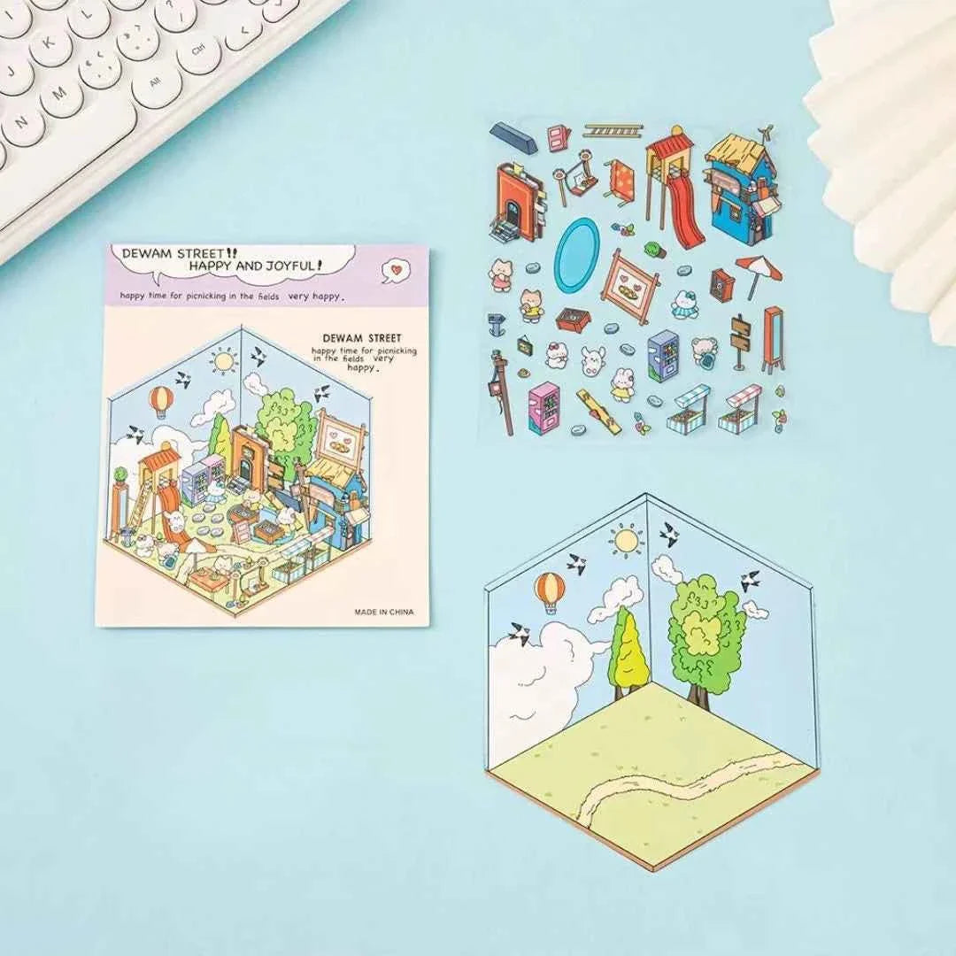 Happy Holiday 3D Isometric Room Stickers - 6 Theme Sets: Picnic | Spring Party | Amusement Park | Beach | Magical Library | Record Store
