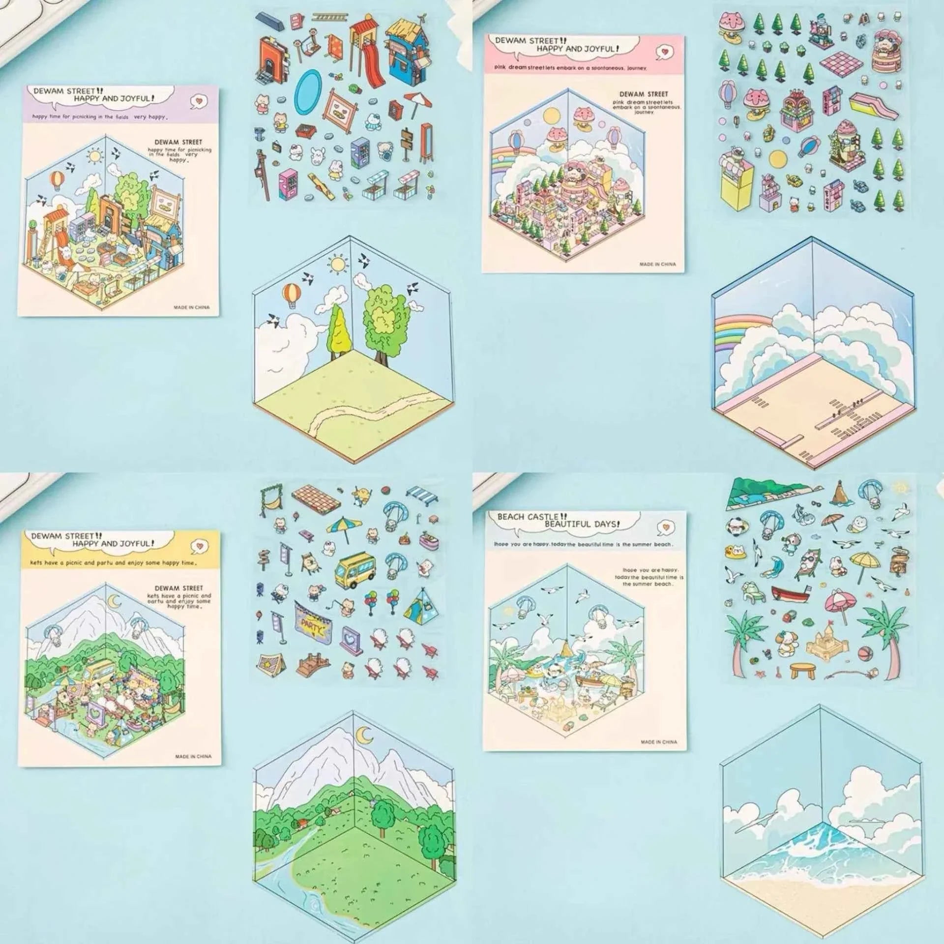Happy Holiday 3D Isometric Room Stickers - 6 Theme Sets: Picnic | Spring Party | Amusement Park | Beach | Magical Library | Record Store
