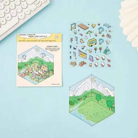 Happy Holiday 3D Isometric Room Stickers - 6 Theme Sets: Picnic | Spring Party | Amusement Park | Beach | Magical Library | Record Store
