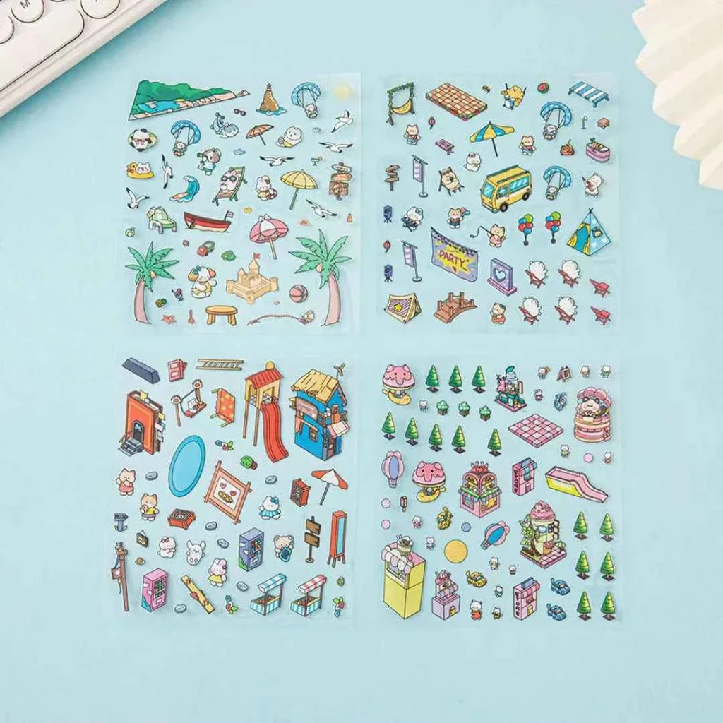 Happy Holiday 3D Isometric Room Stickers - 6 Theme Sets: Picnic | Spring Party | Amusement Park | Beach | Magical Library | Record Store
