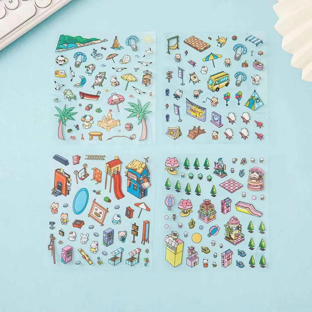 Happy Holiday 3D Isometric Room Stickers - 6 Theme Sets: Picnic | Spring Party | Amusement Park | Beach | Magical Library | Record Store