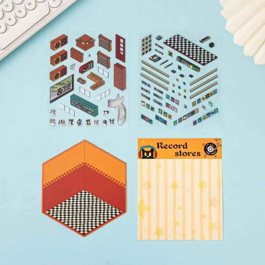 Happy Holiday 3D Isometric Room Stickers - 6 Theme Sets: Picnic | Spring Party | Amusement Park | Beach | Magical Library | Record Store