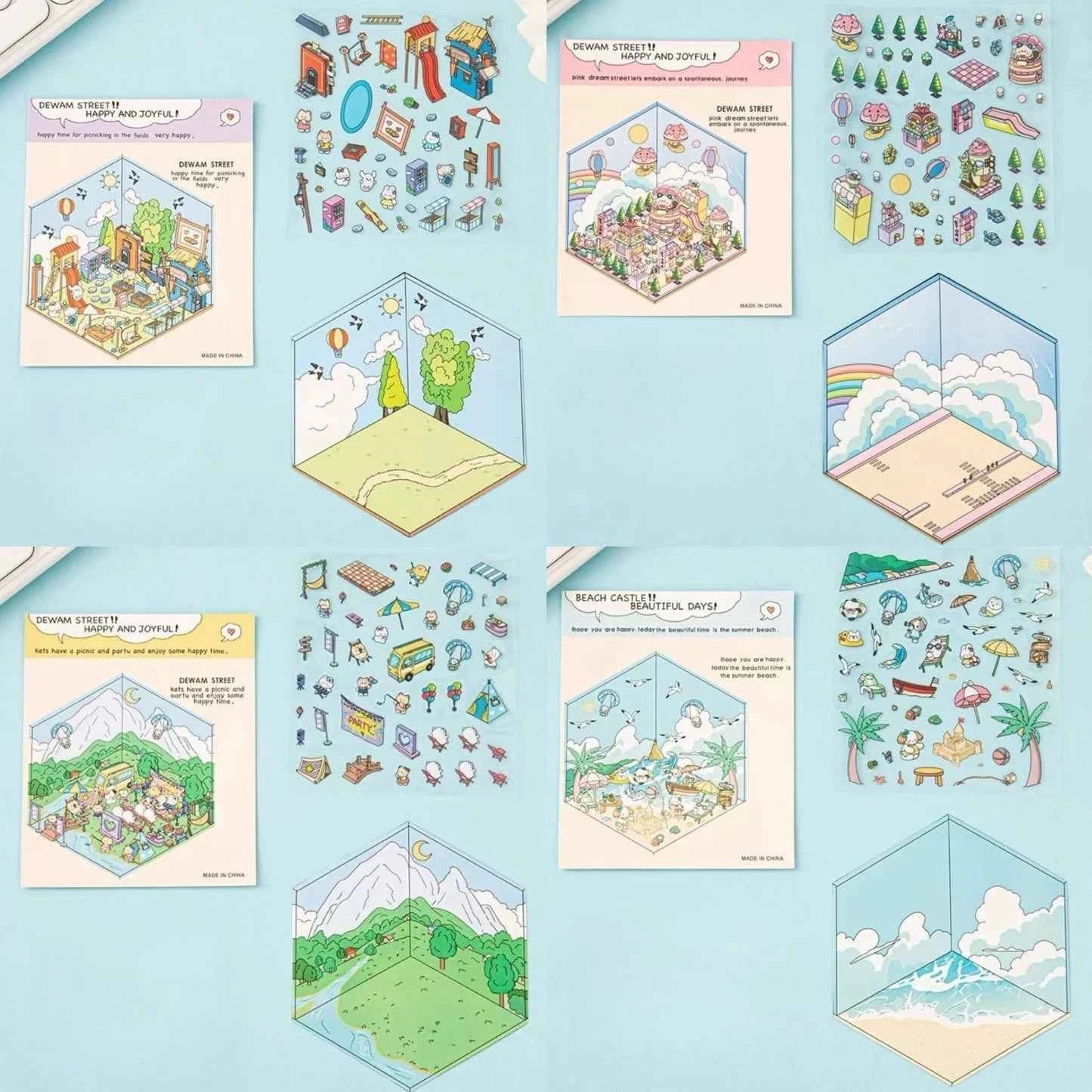 Happy Holiday 3D Isometric Room Stickers - 6 Theme Sets: Picnic | Spring Party | Amusement Park | Beach | Magical Library | Record Store