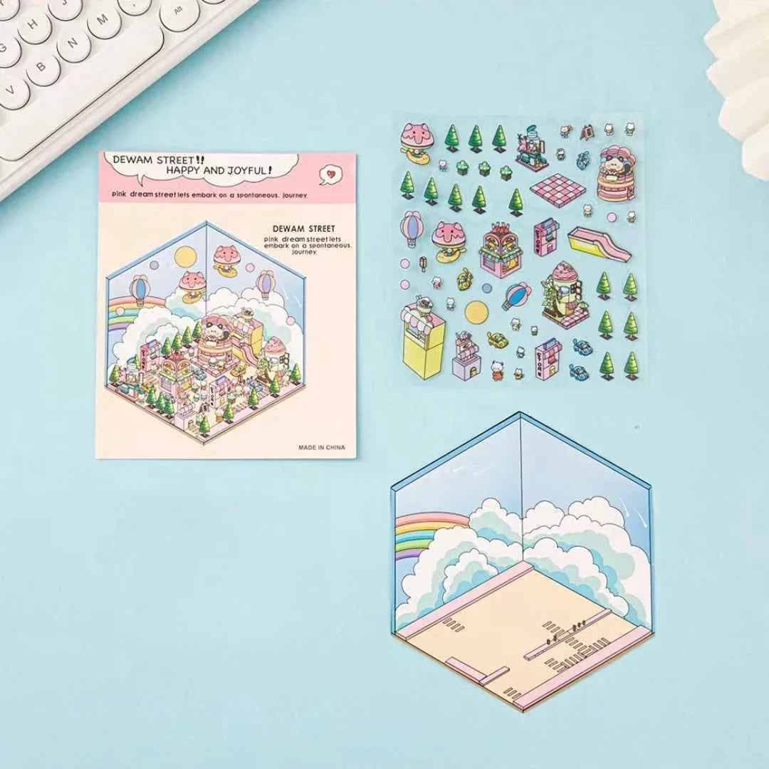 Happy Holiday 3D Isometric Room Stickers - 6 Theme Sets: Picnic | Spring Party | Amusement Park | Beach | Magical Library | Record Store