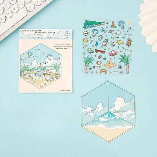 Happy Holiday 3D Isometric Room Stickers - 6 Theme Sets: Picnic | Spring Party | Amusement Park | Beach | Magical Library | Record Store