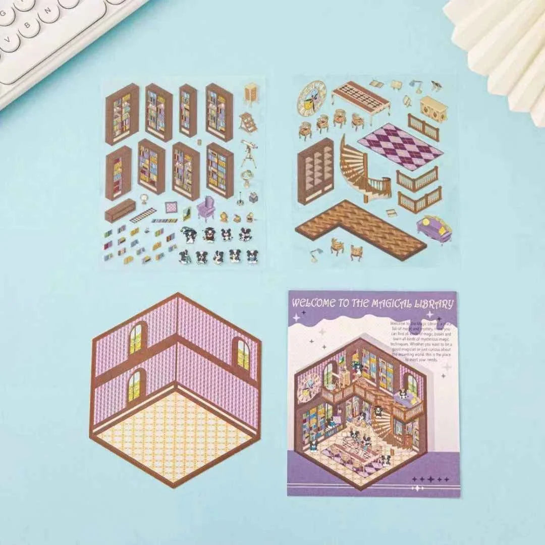 Happy Holiday 3D Isometric Room Stickers - 6 Theme Sets: Picnic | Spring Party | Amusement Park | Beach | Magical Library | Record Store