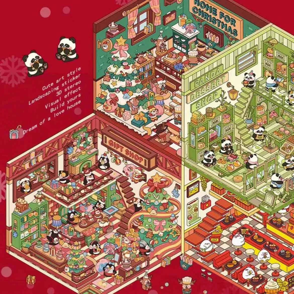 Christmas Limited 3D Isometric Room Stickers - 4 Theme Sets: Christmas Family Party | Christmas Gift Shop | Panda Dessert Shop | Chick Burger Shop