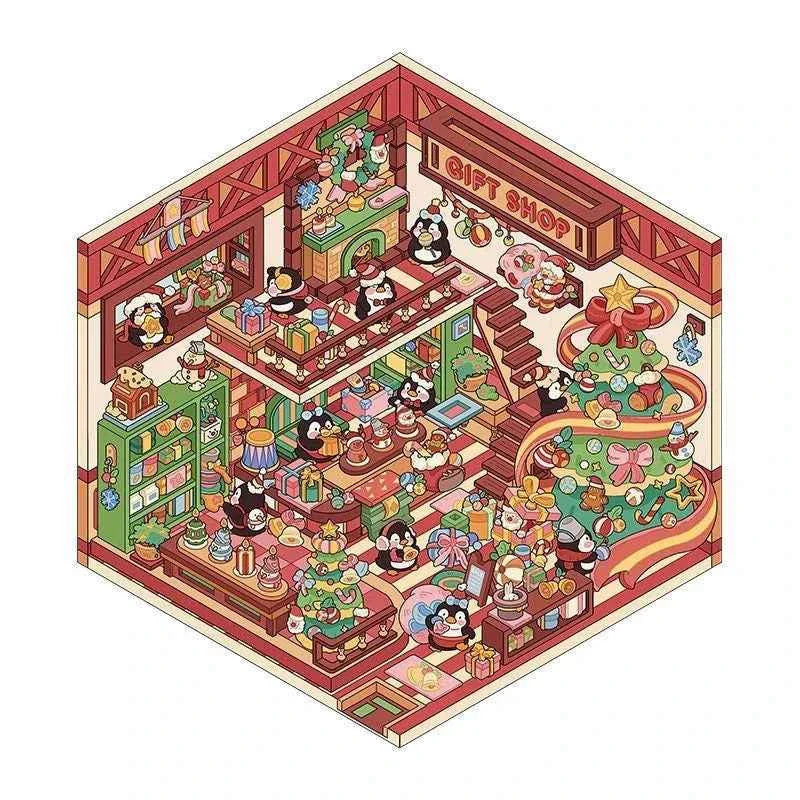 Christmas Limited 3D Isometric Room Stickers - 4 Theme Sets: Christmas Family Party | Christmas Gift Shop | Panda Dessert Shop | Chick Burger Shop