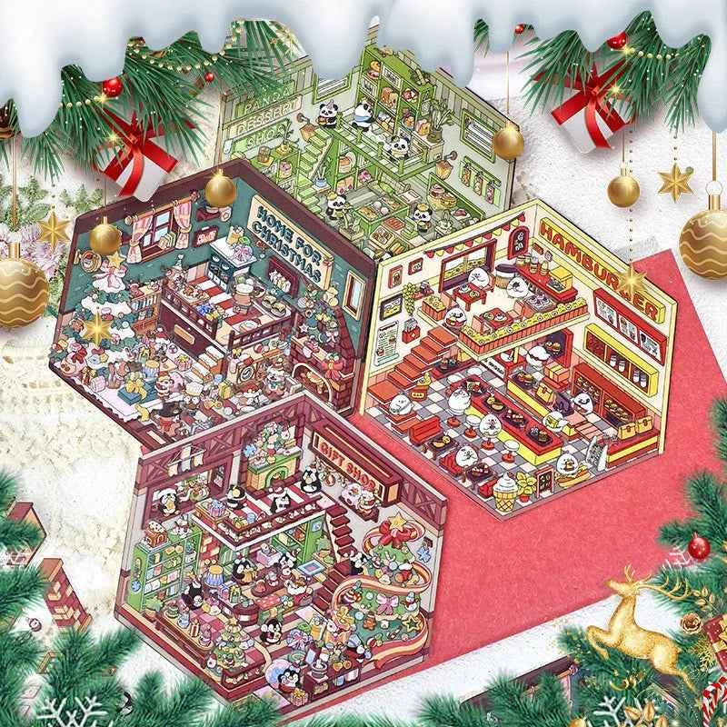 Christmas Limited 3D Isometric Room Stickers - 4 Theme Sets: Christmas Family Party | Christmas Gift Shop | Panda Dessert Shop | Chick Burger Shop