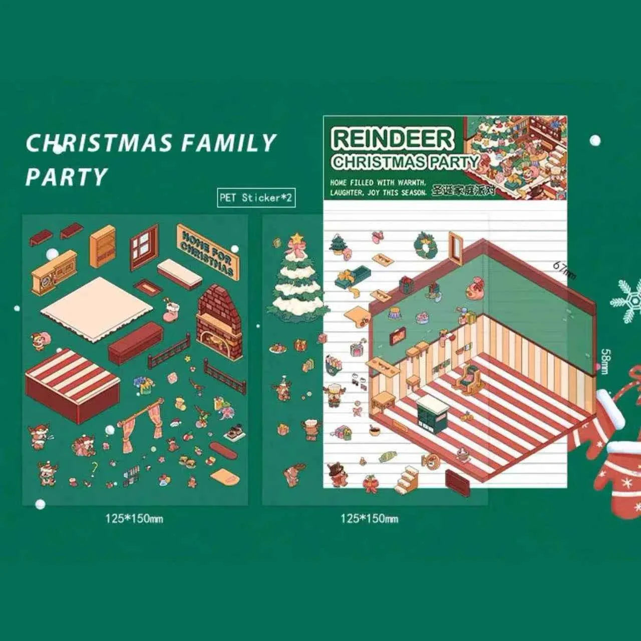 Christmas Limited 3D Isometric Room Stickers - 4 Theme Sets: Christmas Family Party | Christmas Gift Shop | Panda Dessert Shop | Chick Burger Shop