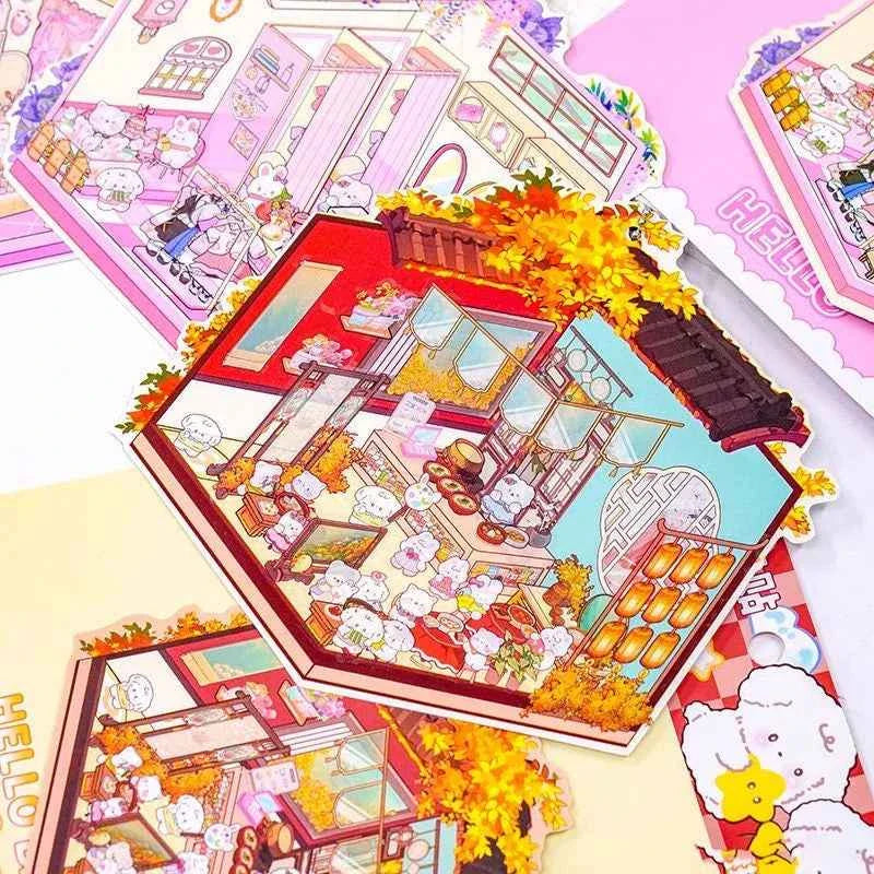 Puppy & Bunny Family 3D Isometric Room Stickers - 4 Theme Sets: Spring Happy Family | Summer Clothing Shop | Autumn Chinese Restaurant | Winter Hot Spring
