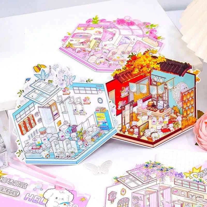 Puppy & Bunny Family 3D Isometric Room Stickers - 4 Theme Sets: Spring Happy Family | Summer Clothing Shop | Autumn Chinese Restaurant | Winter Hot Spring