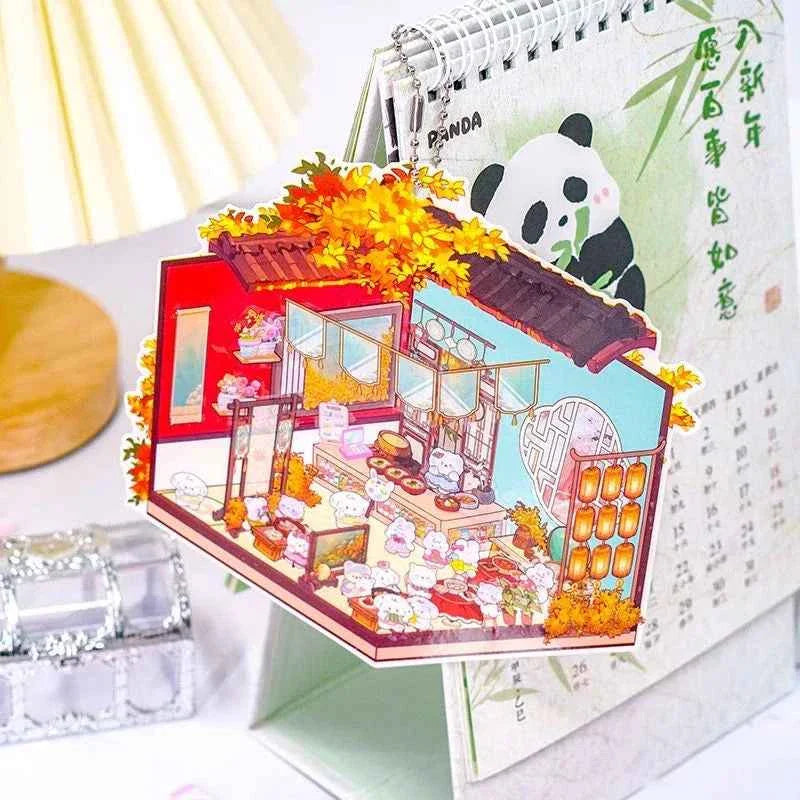 Puppy & Bunny Family 3D Isometric Room Stickers - 4 Theme Sets: Spring Happy Family | Summer Clothing Shop | Autumn Chinese Restaurant | Winter Hot Spring