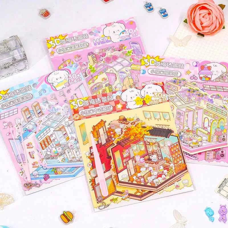 Puppy & Bunny Family 3D Isometric Room Stickers - 4 Theme Sets: Spring Happy Family | Summer Clothing Shop | Autumn Chinese Restaurant | Winter Hot Spring