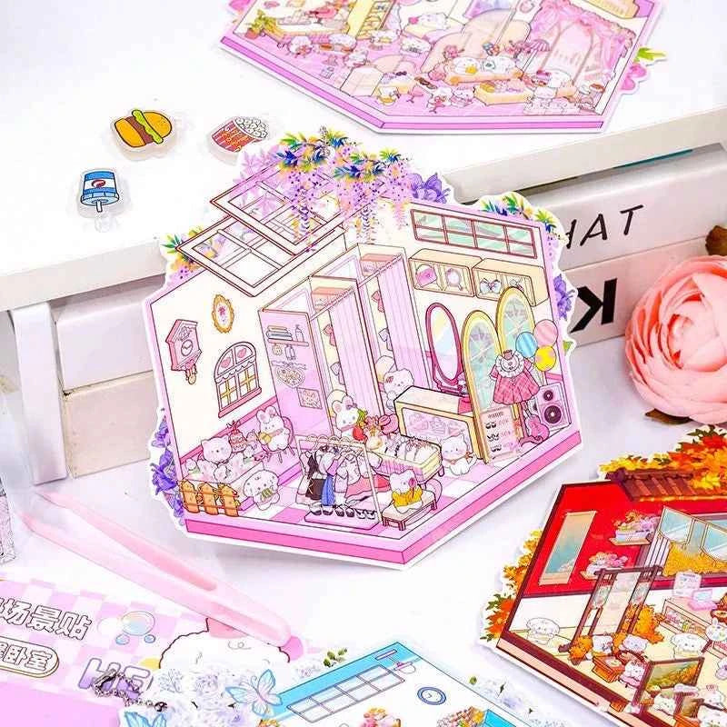 Puppy & Bunny Family 3D Isometric Room Stickers - 4 Theme Sets: Spring Happy Family | Summer Clothing Shop | Autumn Chinese Restaurant | Winter Hot Spring