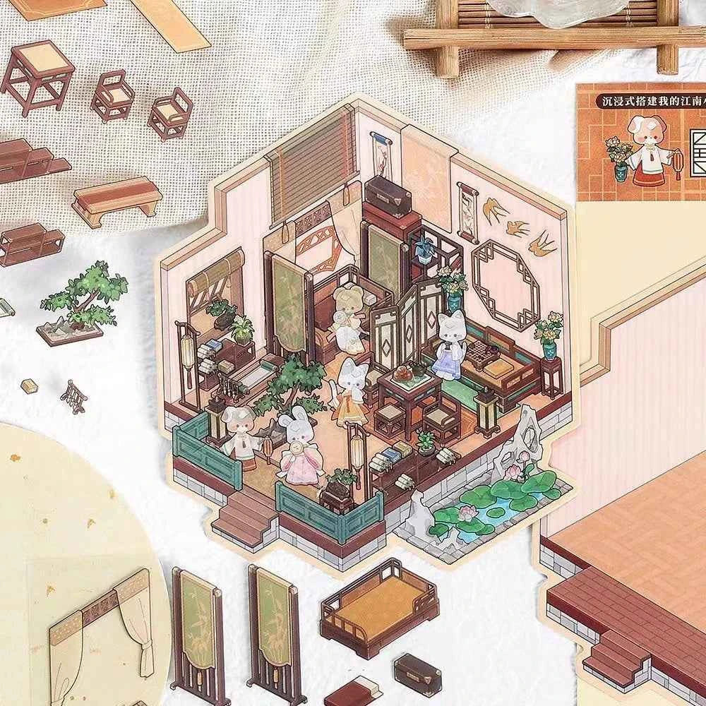 Chinese Ancient House 3D Isometric Room Stickers - 4 Theme Sets: Ancient Music Hall | Go Game Pavilion | Leisure Hall | Courtyard Garden