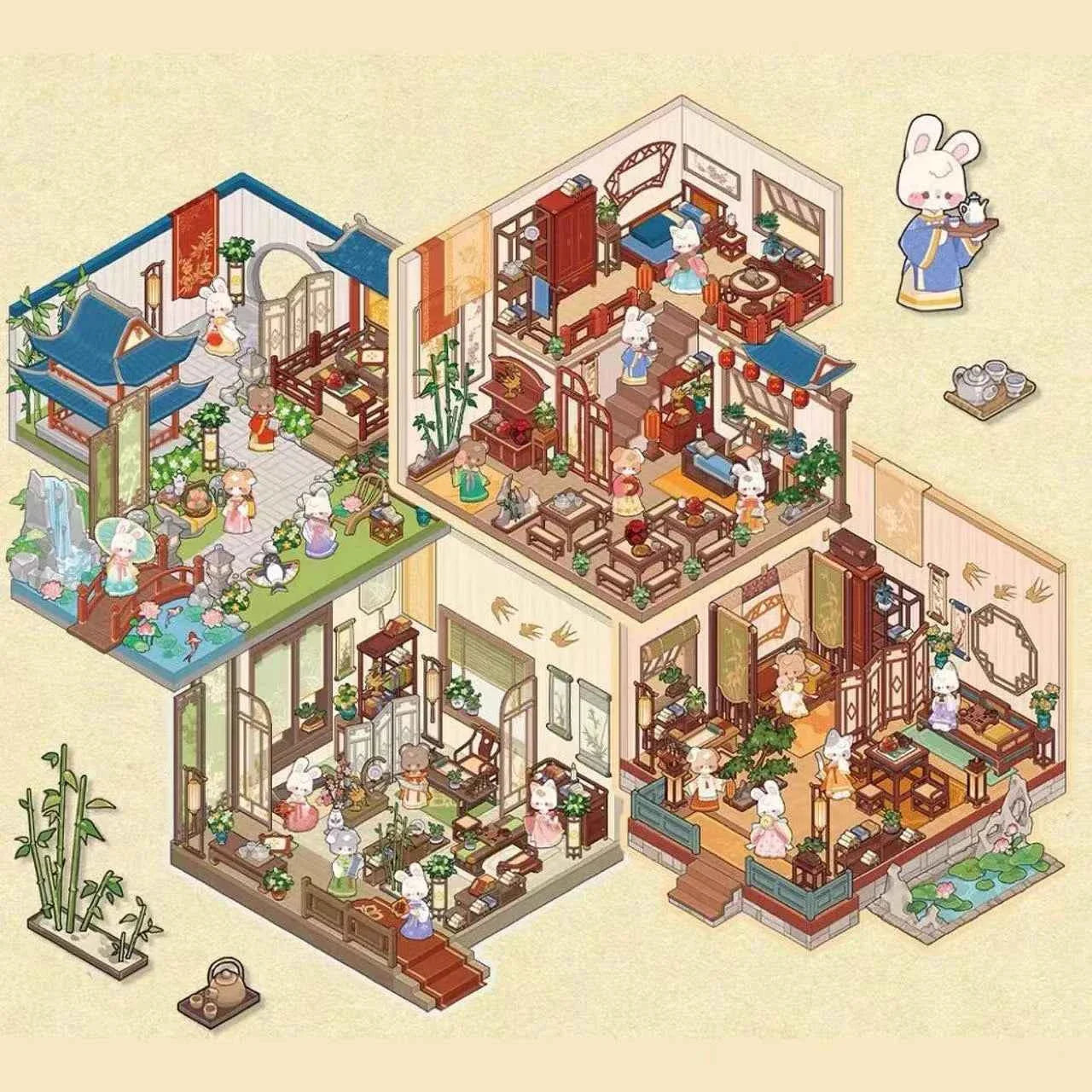 Chinese Ancient House 3D Isometric Room Stickers - 4 Theme Sets: Ancient Music Hall | Go Game Pavilion | Leisure Hall | Courtyard Garden