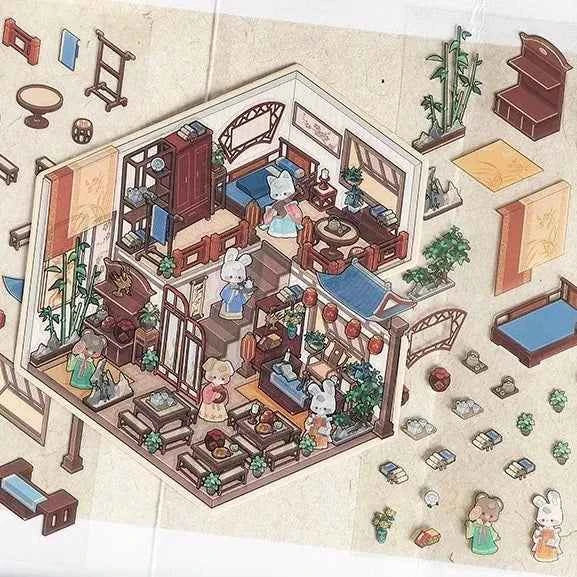 Chinese Ancient House 3D Isometric Room Stickers - 4 Theme Sets: Ancient Music Hall | Go Game Pavilion | Leisure Hall | Courtyard Garden