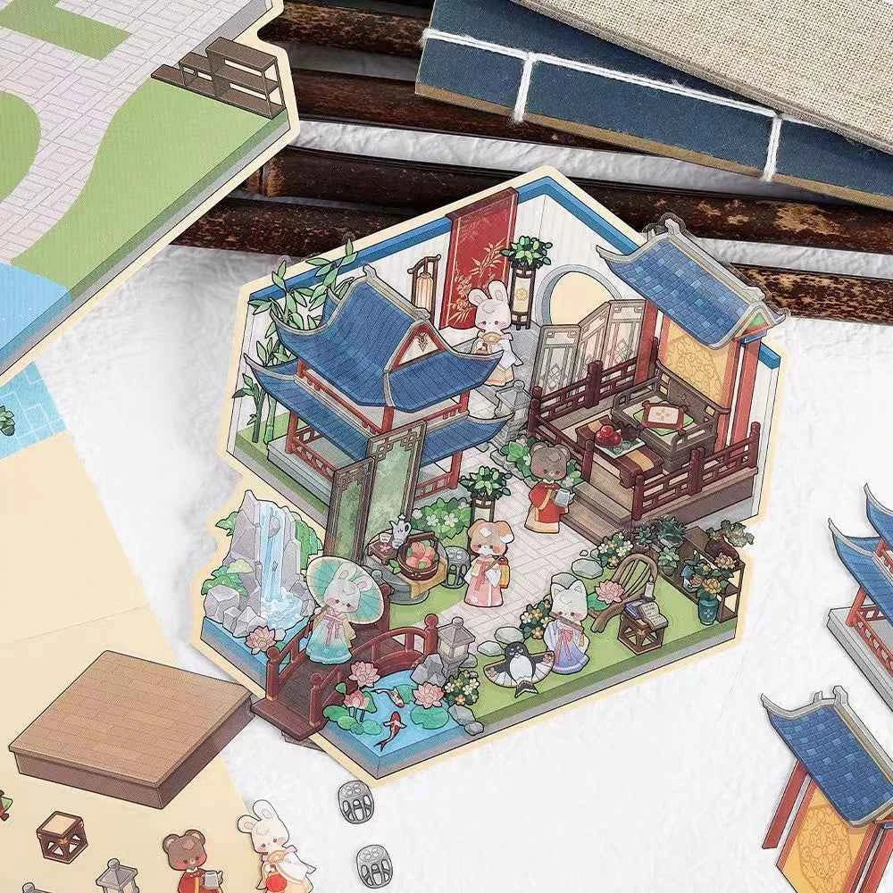 Chinese Ancient House 3D Isometric Room Stickers - 4 Theme Sets: Ancient Music Hall | Go Game Pavilion | Leisure Hall | Courtyard Garden