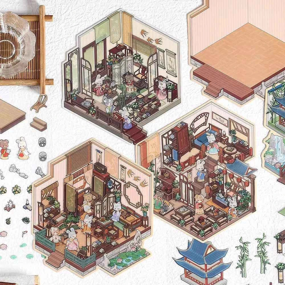 Chinese Ancient House 3D Isometric Room Stickers - 4 Theme Sets: Ancient Music Hall | Go Game Pavilion | Leisure Hall | Courtyard Garden