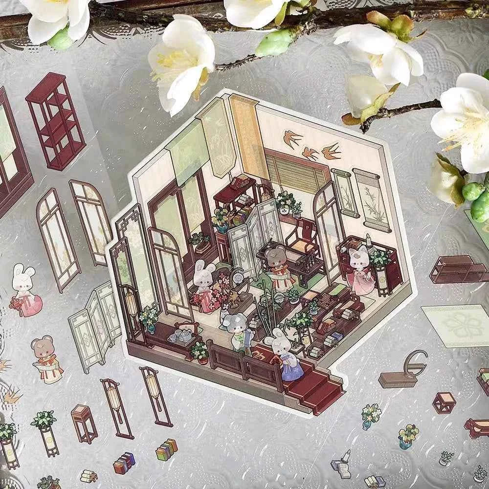 Chinese Ancient House 3D Isometric Room Stickers - 4 Theme Sets: Ancient Music Hall | Go Game Pavilion | Leisure Hall | Courtyard Garden