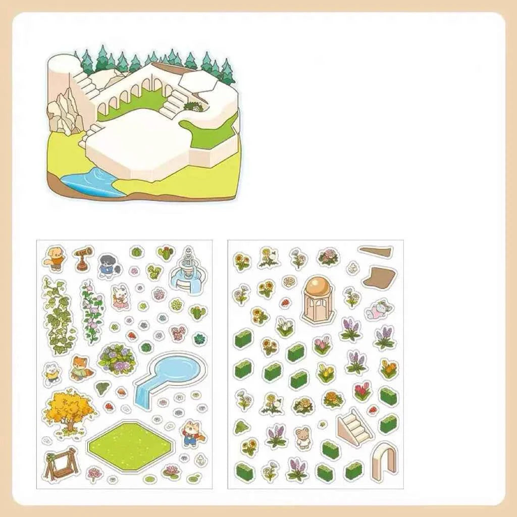 Cute Animals 3D Isometric Room Stickers Scene - 4 Theme Sets: 3-Story House | Conveyor Sushi Restaurant | Outdoor Garden | Bar