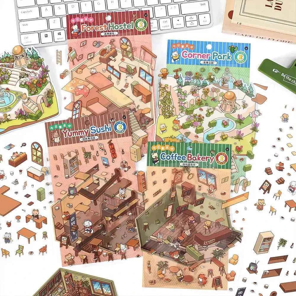 Cute Animals 3D Isometric Room Stickers Scene - 4 Theme Sets: 3-Story House | Conveyor Sushi Restaurant | Outdoor Garden | Bar