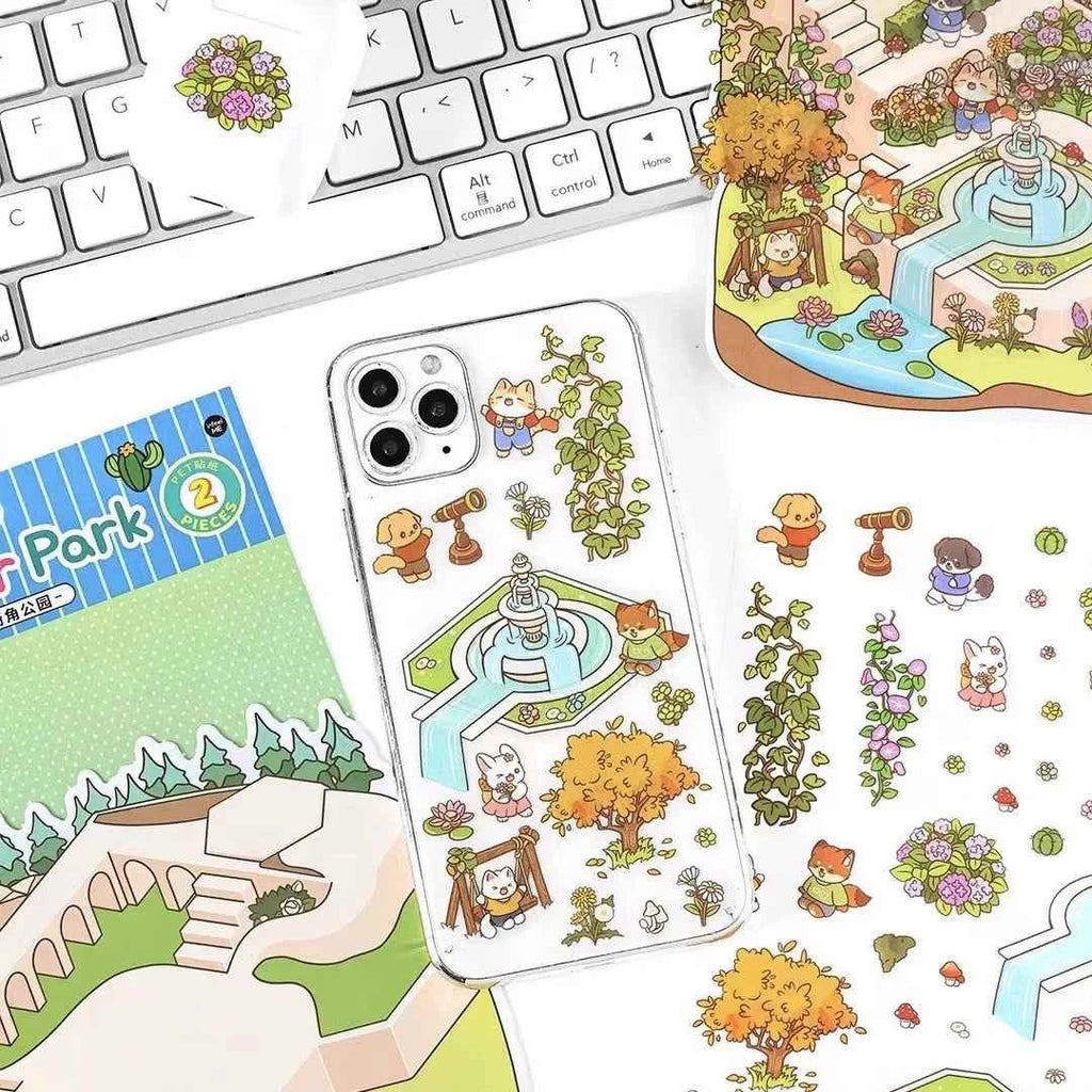 Cute Animals 3D Isometric Room Stickers Scene - 4 Theme Sets: 3-Story House | Conveyor Sushi Restaurant | Outdoor Garden | Bar
