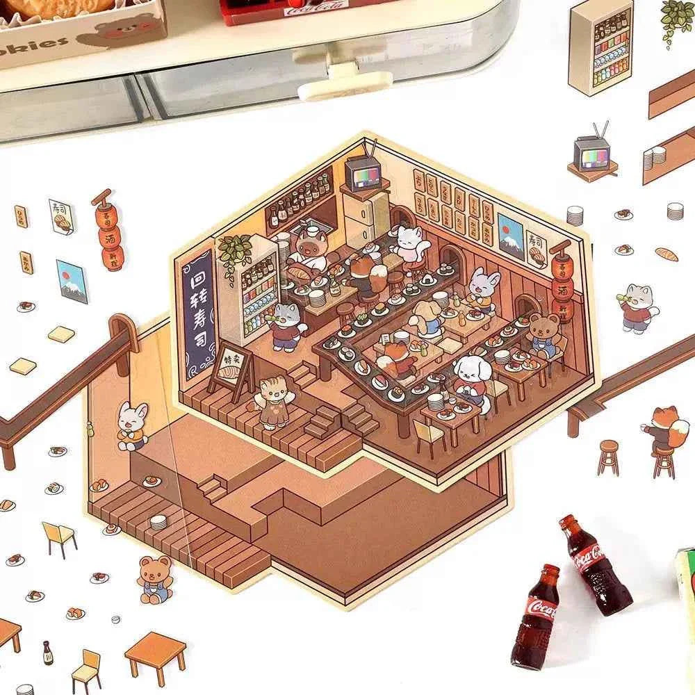 Cute Animals 3D Isometric Room Stickers Scene - 4 Theme Sets: 3-Story House | Conveyor Sushi Restaurant | Outdoor Garden | Bar