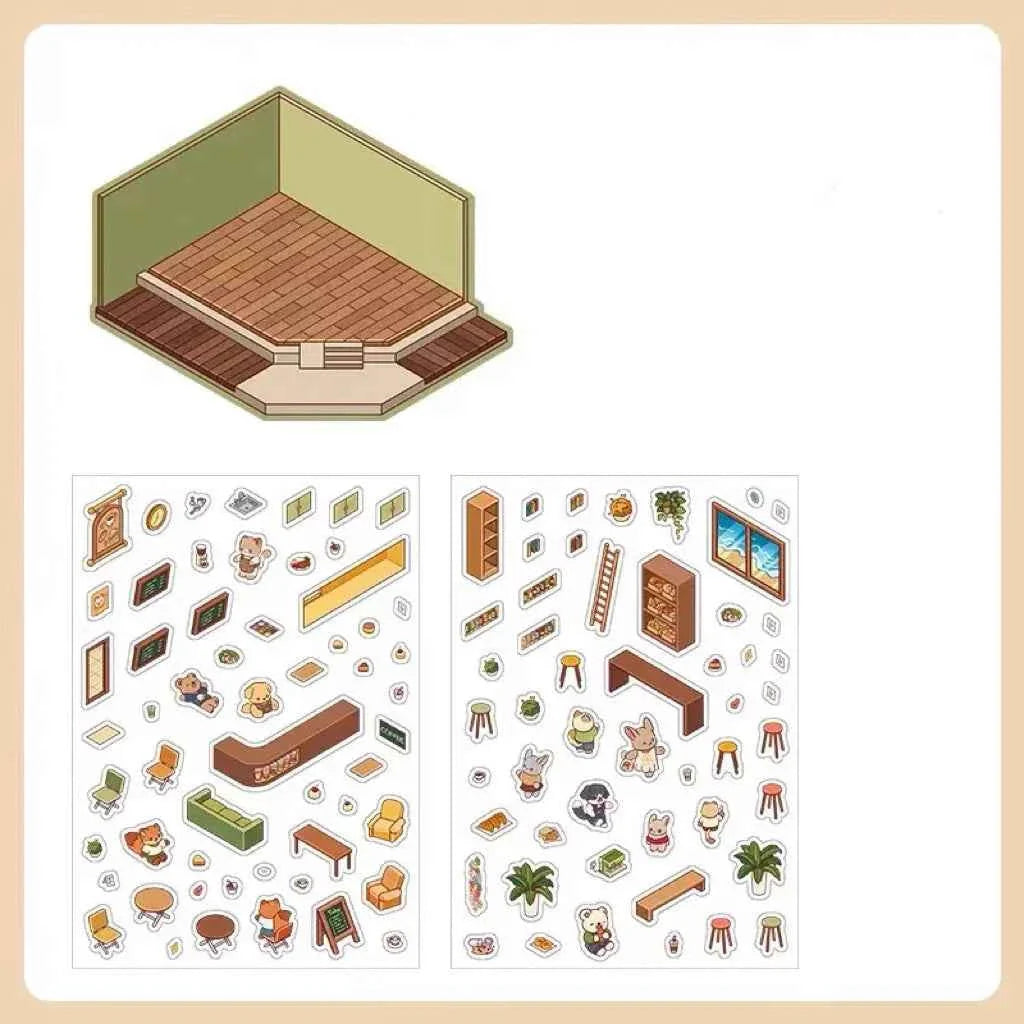 Cute Animals 3D Isometric Room Stickers Scene - 4 Theme Sets: 3-Story House | Conveyor Sushi Restaurant | Outdoor Garden | Bar