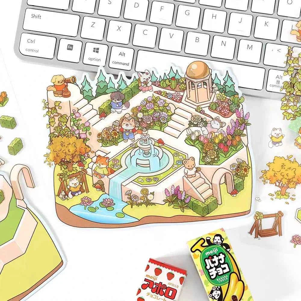 Cute Animals 3D Isometric Room Stickers Scene - 4 Theme Sets: 3-Story House | Conveyor Sushi Restaurant | Outdoor Garden | Bar