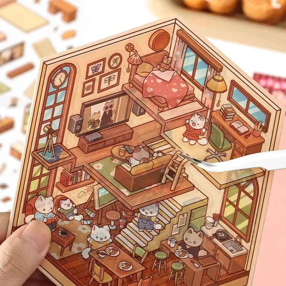 Cute Animals 3D Isometric Room Stickers Scene - 4 Theme Sets: 3-Story House | Conveyor Sushi Restaurant | Outdoor Garden | Bar