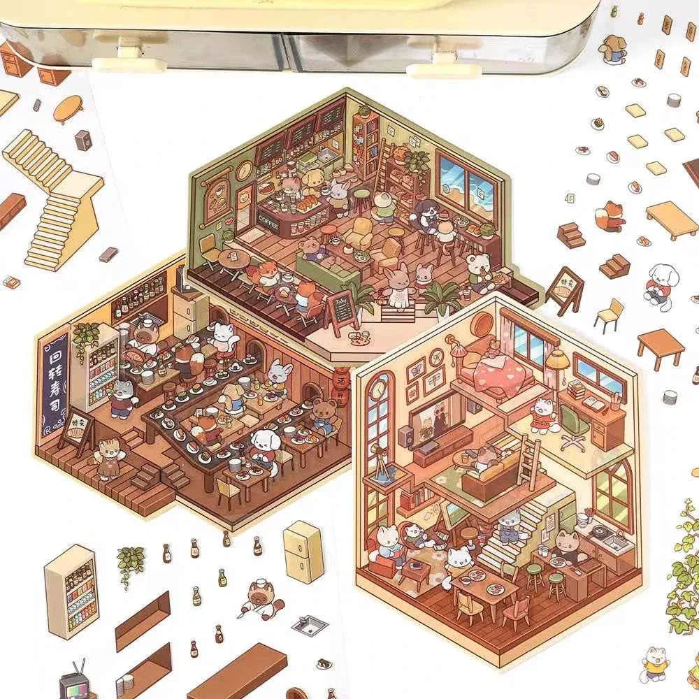 Cute Animals 3D Isometric Room Stickers Scene - 4 Theme Sets: 3-Story House | Conveyor Sushi Restaurant | Outdoor Garden | Bar