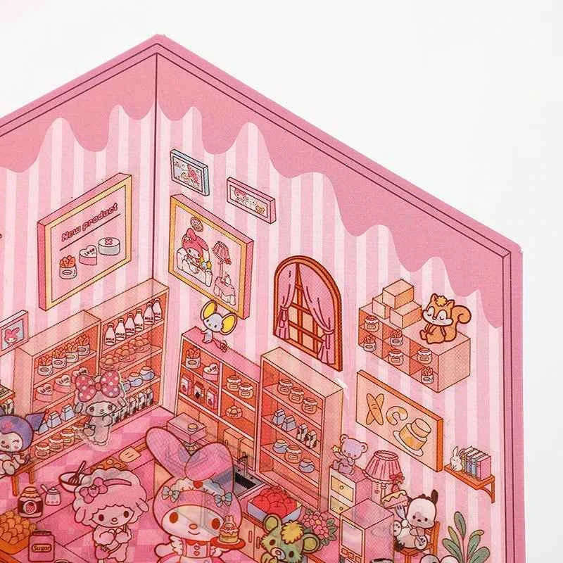 Sanrio Cute Hello Kitty 3D Isometric Room Stickers Scene - 4 Theme Sets: Music Party | Dessert House | Arcade | Library