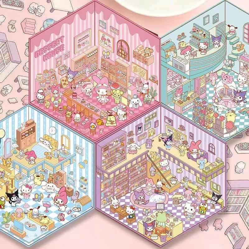Sanrio Cute Hello Kitty 3D Isometric Room Stickers Scene - 4 Theme Sets: Music Party | Dessert House | Arcade | Library