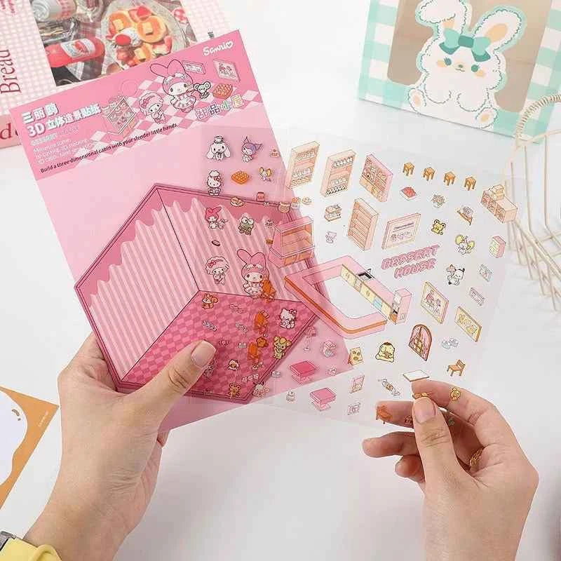Sanrio Cute Hello Kitty 3D Isometric Room Stickers Scene - 4 Theme Sets: Music Party | Dessert House | Arcade | Library