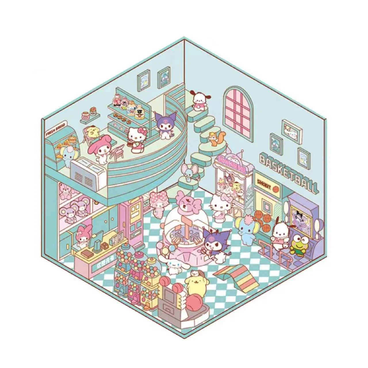 Sanrio Cute Hello Kitty 3D Isometric Room Stickers Scene - 4 Theme Sets: Music Party | Dessert House | Arcade | Library