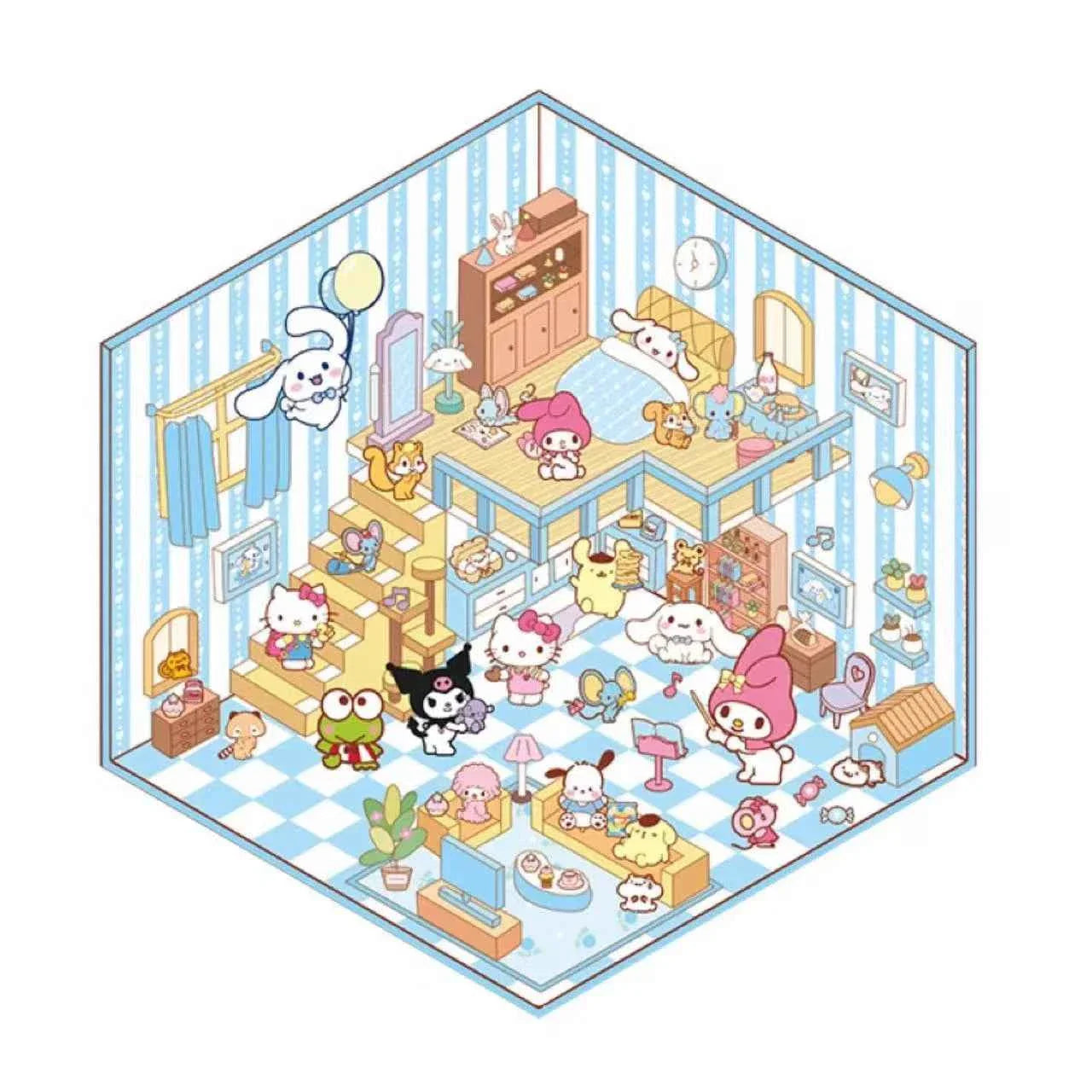 Sanrio Cute Hello Kitty 3D Isometric Room Stickers Scene - 4 Theme Sets: Music Party | Dessert House | Arcade | Library