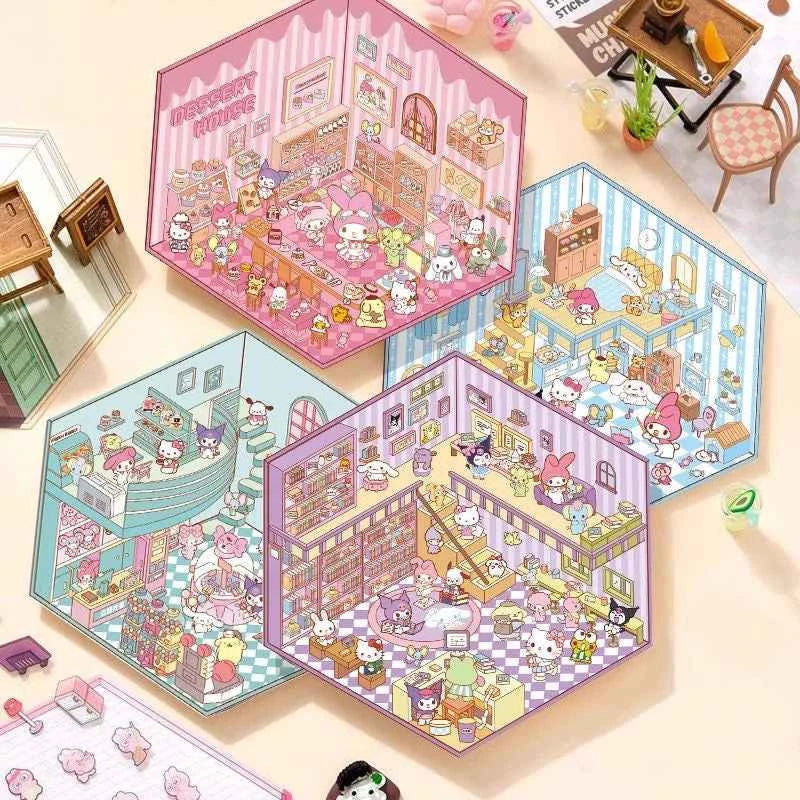 Sanrio Cute Hello Kitty 3D Isometric Room Stickers Scene - 4 Theme Sets: Music Party | Dessert House | Arcade | Library