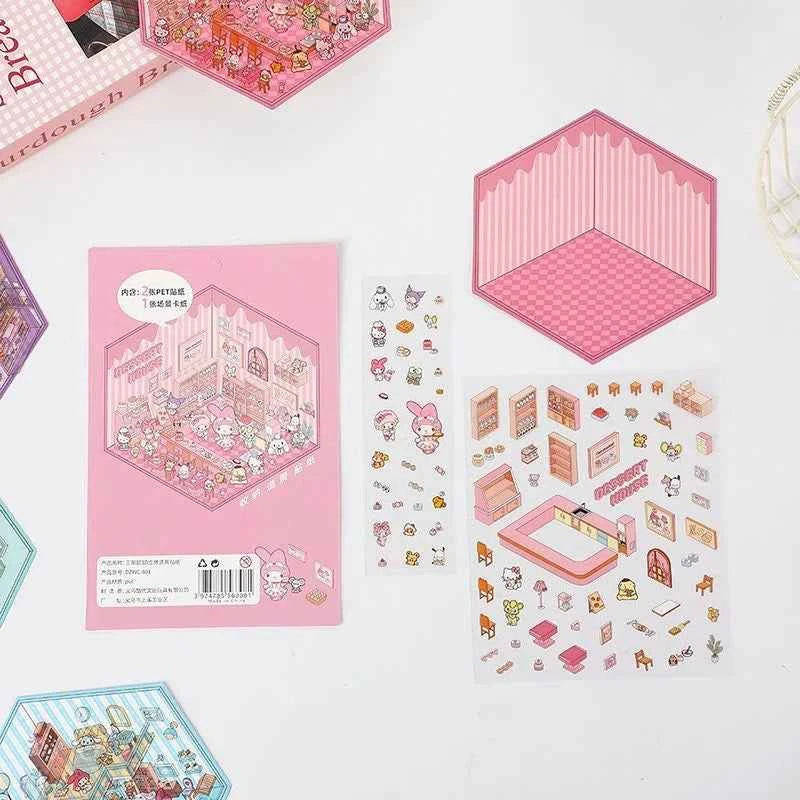Sanrio Cute Hello Kitty 3D Isometric Room Stickers Scene - 4 Theme Sets: Music Party | Dessert House | Arcade | Library