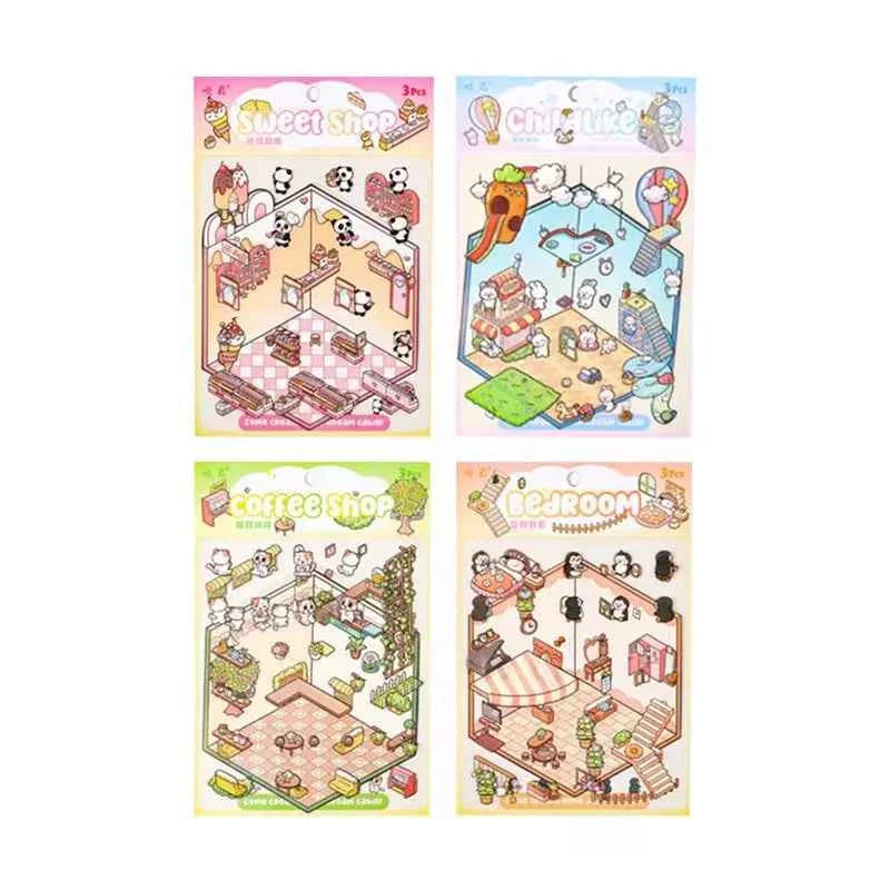 Dream Home 3D Isometric Room Stickers Scene - 4 Theme Sets: Cat Coffee Shop | Penguin Bedroom | Bunny Playground | Panda Dessert Shop